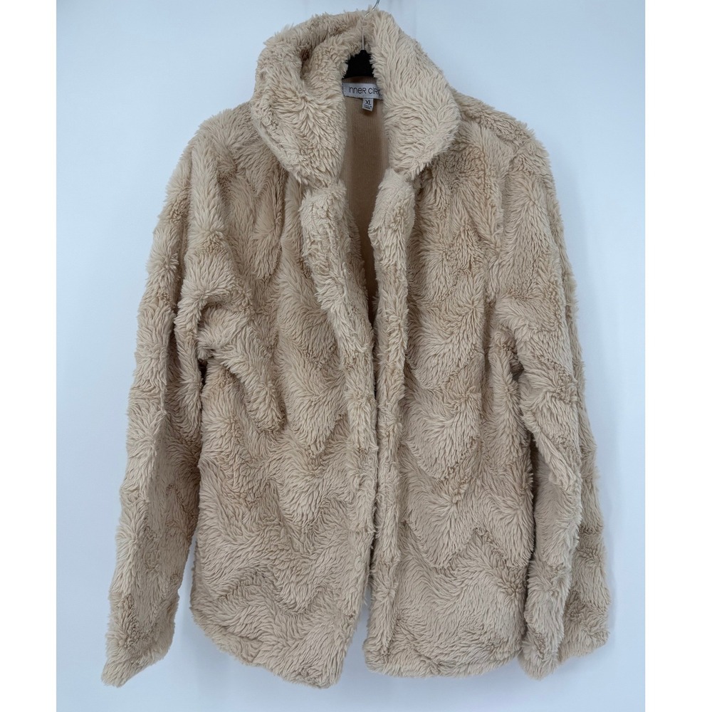 Inner Circle Womens XL Faux Fur Jacket Tan Beige Chevron Open Front M8F0185J